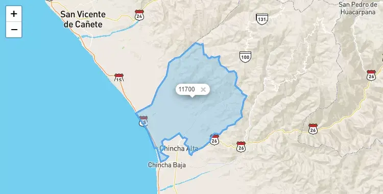 Mapa de la zona del código postal 11700 en Grocio Prado, Ica