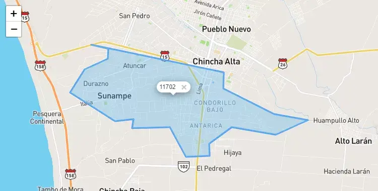Mapa de la zona del código postal 11702 en Chincha Alta, Ica