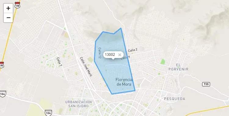 Mapa de la zona del código postal 13002 en Florencia de Mora, La Libertad