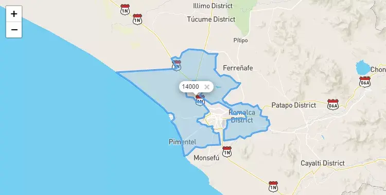 Mapa de la zona del código postal 14000 en Pimentel, Lambayeque