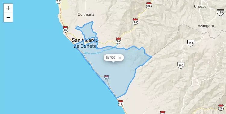 Mapa de la zona del código postal 15700 en San Vicente de Cañete, Lima