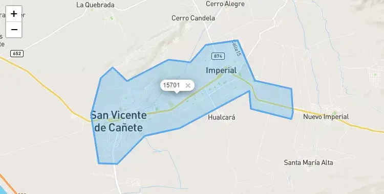 Mapa de la zona del código postal 15701 en San Vicente de Cañete, Lima