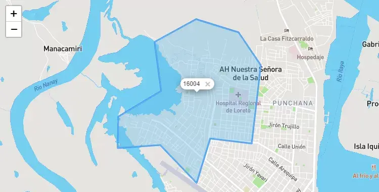 Mapa de la zona del código postal 16004 en Punchana, Loreto