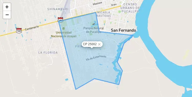 Mapa de la zona del código postal 25002 en Manantay, Ucayali